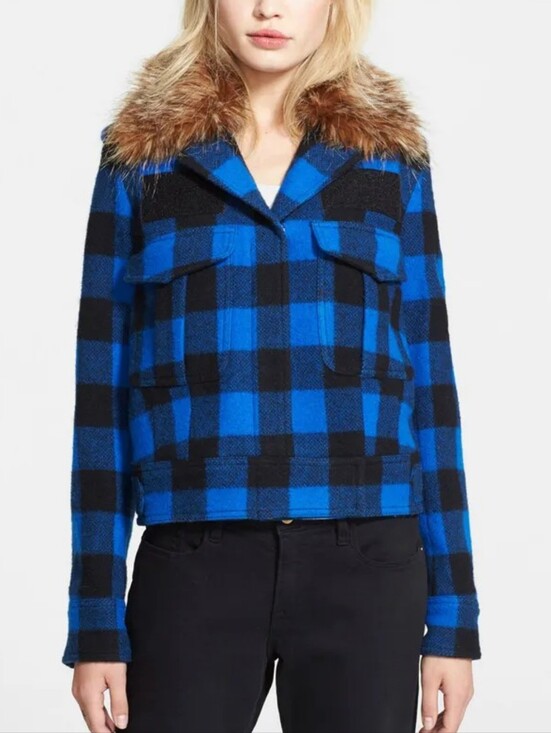 Smythe Jackets & Blazers - Smythe Wool Black & Electric Blue Buffalo Checks barn jacket with Faux Fur Trim